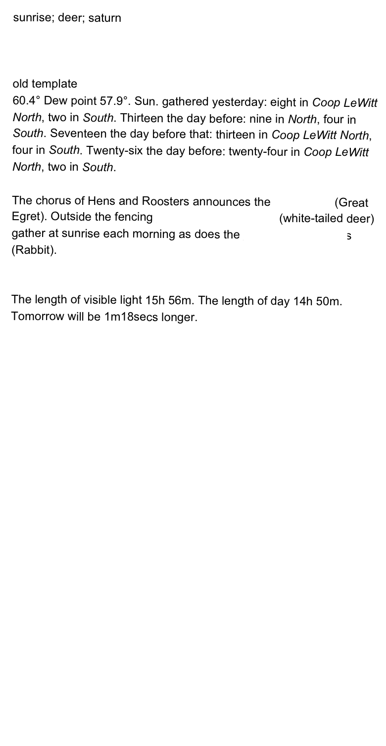 sunrise; deer; saturn



old template
60.4° Dew point 57.9°. Sun. gathered yesterday: eight in Coop LeWitt North, two in South. Thirteen the day before: nine in North, four in South. Seventeen the day before that: thirteen in Coop LeWitt North, four in South. Twenty-six the day before: twenty-four in Coop LeWitt North, two in South. 
The chorus of Hens and Roosters announces the Ardea alba (Great Egret). Outside the fencing Odocoileus virginianus (white-tailed deer) gather at sunrise each morning as does the Sylvilagus floridanus (Rabbit).


The length of visible light 15h 56m. The length of day 14h 50m. Tomorrow will be 1m18secs longer. 


